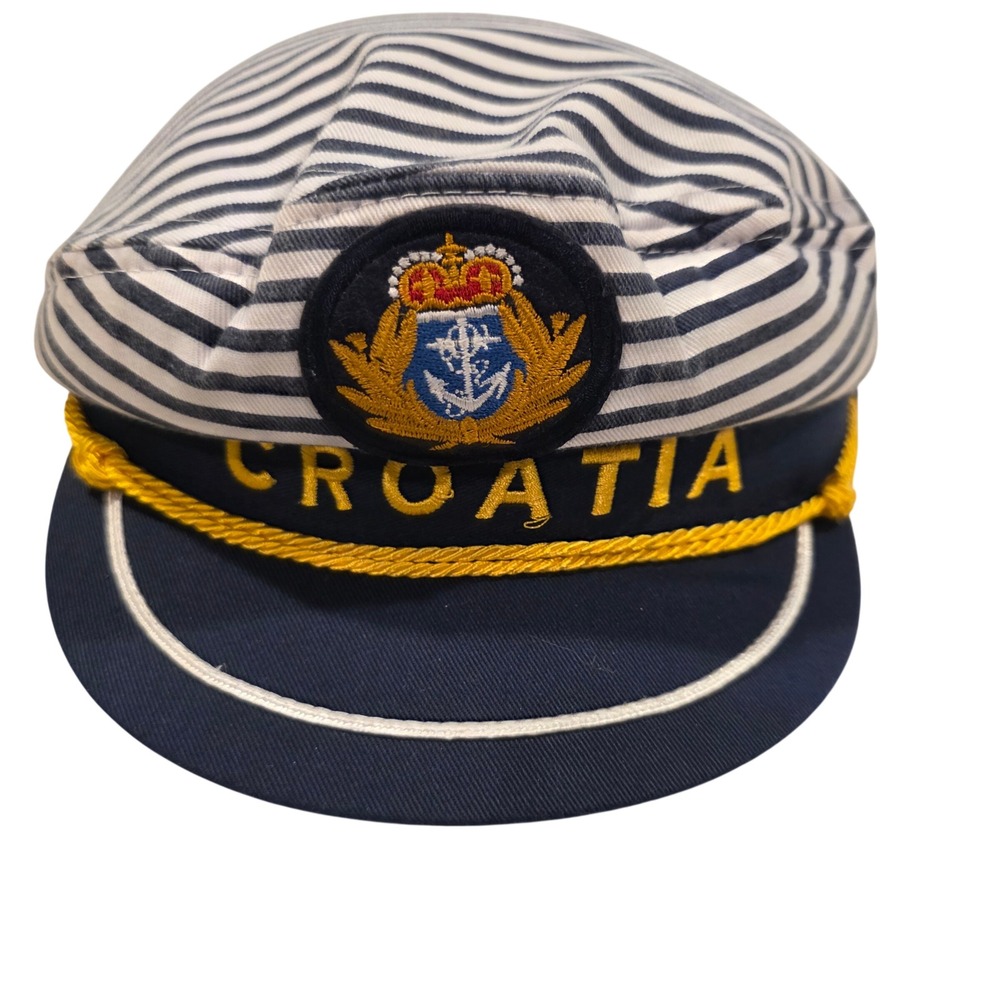 Porto Mare Croatia Nautical Sailor Hat Navy White Striped Skipper Cap 58cm
